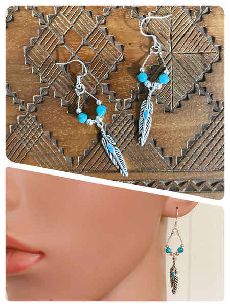 HAND CRAFTED ANTIQUE SILVER TURQUOISE NATURAL GEMSTONE INDIAN FEATHER DANGLE DROP BOHO EARRINGS