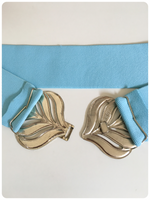 VINTAGE 80’s WIDE LIGHT BLUE TURQUOISE ELASTIC CINCH WASPIE WAIST BELT LEAF BUCKLE