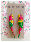 HANDMADE HUGE WOODEN HAND PAINTED PINK PARROT MACCAW EARRINGS QUIRKY KITSCH RETRO BOHO