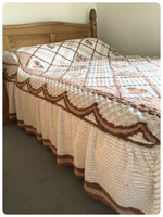 VINTAGE 1950’s 1960’s CANDLEWICK BEDSPREAD FITTED VALANCE THROW BROWNS WHITE DOUBLE BED BOHO