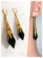 HANDMADE JET BLACK LONG POINT GLASS CRYSTAL ART DECO CHANDELIER RENAISSANCE GOLD CONE ORNATE FILIGREE DROP EARRINGS RETRO BIRTHSTONE BOHO