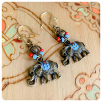 HAND CRAFTED ANTIQUE BRASS TURQUOISE INDIAN ELEPHANT HEART DANGLE DROP BOHO EARRINGS