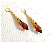 HANDMADE DEEP AMBER LONG POINT GLASS CRYSTAL ART DECO CHANDELIER RENAISSANCE GOLD CONE ORNATE DROP EARRINGS RETRO BIRTHSTONE BOHO