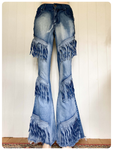 VINTAGE 90’s BLUE DENIM MED HIGH WAIST RISE WIDE FLARES TASSEL FRAYED JEANS UK10