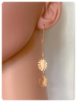 HAND CRAFTED ROSE GOLD COPPER MONSTERA CHEESE PLANT LEAF DANGLE DROP BOHO DECO EARRINGS