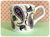VINTAGE 1960’s 70’s MID CENTURY PURPLE GREEN PAISLEY PATTERN MUG CUP GLO-WHITE IRONSTONE ALFRED MEAKIN ENGLAND