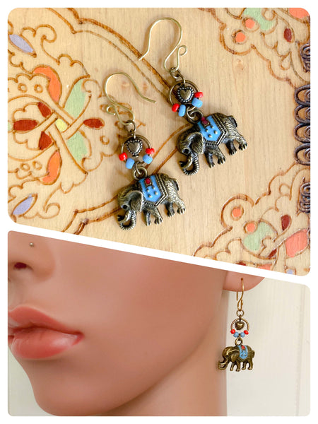 HAND CRAFTED ANTIQUE BRASS TURQUOISE INDIAN ELEPHANT HEART DANGLE DROP BOHO EARRINGS