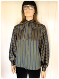 VINTAGE 70’s 80’s GREEN BLUE STRIPY STRIPED SILKY PUSSY BOW TIE NECK PUFF SLEEVE BLOUSE SHIRT UK 8