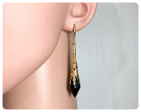 HANDMADE JET BLACK LONG POINT GLASS CRYSTAL ART DECO CHANDELIER RENAISSANCE GOLD CONE ORNATE FILIGREE DROP EARRINGS RETRO BIRTHSTONE BOHO