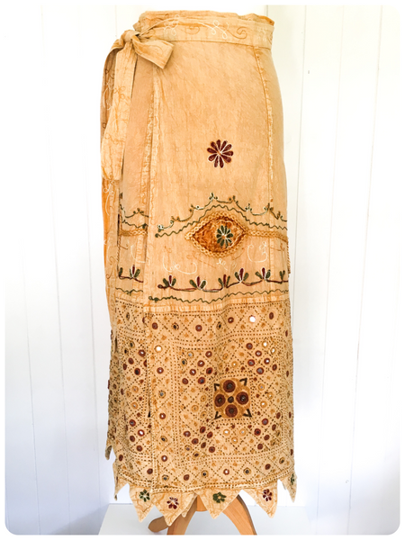 VINTAGE INDIAN COTTON EMBROIDERED TAPESTRY SARONG WRAP MAXI SKIRT