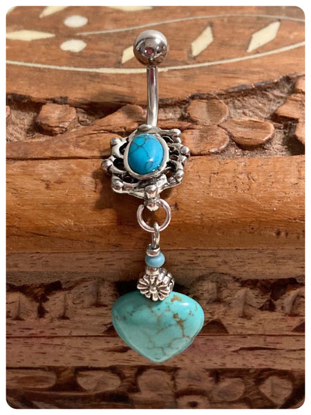 INDIAN SILVER TURQUOISE HEART NATURAL HEALING CHAKRA GEMSTONE BIRTHSTONE BOHO SURGICAL STEEL NAVEL BELLY BAR