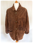 ORIGINAL VINTAGE 80’s BROWN SUEDE BAGGY OVERSIZED TASSEL FRINGED COAT JACKET BOHO UK14-16