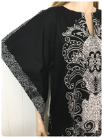 VINTAGE 70’s BLACK & WHITE BLOCK PRINTED THAI COTTON KAFTAN MAXI DRESS UK 12-14