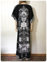 VINTAGE 70’s BLACK & WHITE BLOCK PRINTED THAI COTTON KAFTAN MAXI DRESS UK 12-14