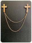 VINTAGE RETRO 1980’s GOLD CROSS COLLAR CHAIN NECK TIP PIN BROOCH GOTH KITSCH QUIRKY