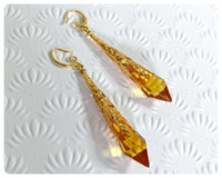 HANDMADE LIGHT AMBER LONG POINT GLASS CRYSTAL ART DECO CHANDELIER RENAISSANCE GOLD CONE ORNATE FILIGREE DROP EARRINGS RETRO BIRTHSTONE BOHO