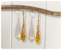 HANDMADE LIGHT AMBER LONG POINT GLASS CRYSTAL ART DECO CHANDELIER RENAISSANCE GOLD CONE ORNATE FILIGREE DROP EARRINGS RETRO BIRTHSTONE BOHO