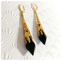 HANDMADE JET BLACK LONG POINT GLASS CRYSTAL ART DECO CHANDELIER RENAISSANCE GOLD CONE ORNATE FILIGREE DROP EARRINGS RETRO BIRTHSTONE BOHO