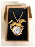 ORIGINAL VINTAGE 80’s CUTE QUIRKY KITSCH GOLD PLATED HORSE WATCH CLOCK NECKLACE