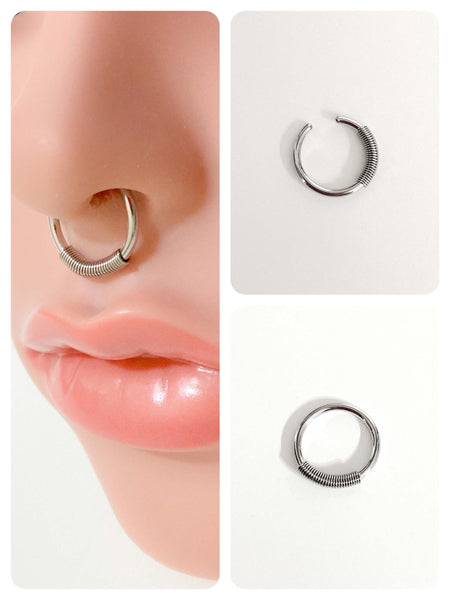 SILVER SURGICAL STEEL SPRING COIL CAPTIVE CLOSURE SEPTUM NIPPLE UNISEX MEN CHUNKY BODY PIERCING RING RETRO 14g 1.6mm 14mm Dia