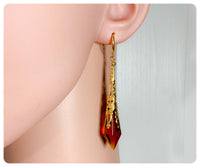 HANDMADE DEEP AMBER LONG POINT GLASS CRYSTAL ART DECO CHANDELIER RENAISSANCE GOLD CONE ORNATE DROP EARRINGS RETRO BIRTHSTONE BOHO