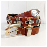VINTAGE 70’s 80’s DEEP TAN THICK LEATHER METAL LINK CHAIN WAIST CINCH  BELT WESTERN BUCKLE 24-28 INCHES