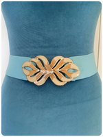 VINTAGE 80’s WIDE LIGHT BLUE TURQUOISE ELASTIC CINCH WASPIE WAIST BELT LEAF BUCKLE