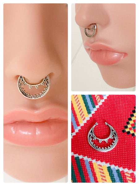 SILVER TRIBAL INDIAN MOON NON PIERCED CLIP ON FAKE SEPTUM RING