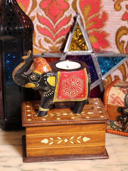 Wooden Indian Elephant Tea Light Holder (Black) - Penny Bizarre - 1