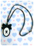 HAND CRAFTED CUTE BLACK CAT BOW CAMEO RESIN NECKLACE QUIRKY KAWAII RETRO