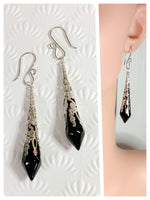 HANDMADE JET BLACK LONG POINT GLASS CRYSTAL ART DECO CHANDELIER RENAISSANCE ANTIQUE SILVER CONE ORNATE FILIGREE DROP EARRINGS RETRO BIRTHSTONE BOHO