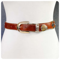 VINTAGE 70’s 80’s DEEP TAN THICK LEATHER METAL LINK CHAIN WAIST CINCH  BELT WESTERN BUCKLE 24-28 INCHES