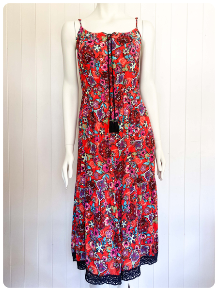 VINTAGE 1970s INDIAN BOHEMIAN PRINTED RED CHEESECLOTH FESTIVAL SUN DRESS UK 10-12