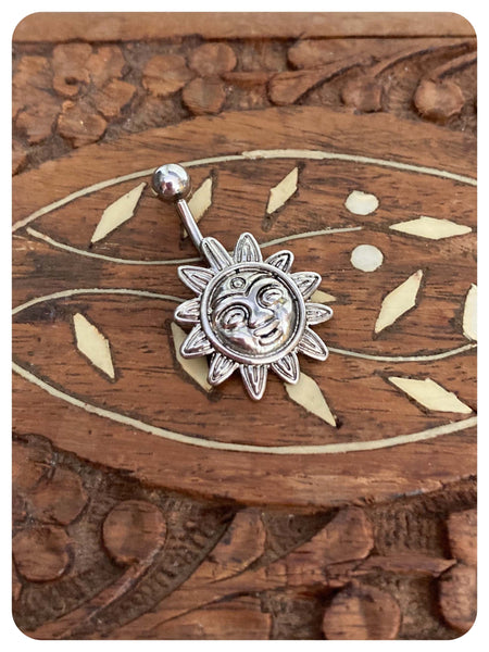 INDIAN SILVER SURGICAL STEEL SMILING SUN NAVEL BELLY BAR BOHO BODY PIERCING