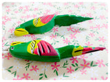 HANDMADE HUGE WOODEN HAND PAINTED GREEN PARROT MACCAW EARRINGS QUIRKY KITSCH RETRO BOHO