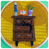 HAND MADE HOOP ART EMBROIDERY BLACK CAT IN THE 70’s IN THE DRAWERS DRAW RETRO LAVA LAMP CACTUS