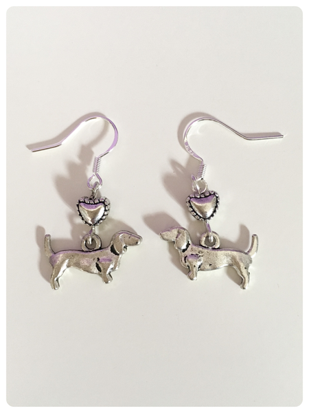 HAND CRAFTED 925 STERLING SILVER SAUSAGE DOG DACHSHUND HEART LOVE EARRINGS