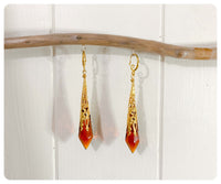 HANDMADE DEEP AMBER LONG POINT GLASS CRYSTAL ART DECO CHANDELIER RENAISSANCE GOLD CONE ORNATE DROP EARRINGS RETRO BIRTHSTONE BOHO