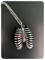 HAND CRAFTED 3D SILVER RIB CAGE HEART SKELETON ANATOMY NECKLACE QUIRKY RETRO