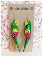 HANDMADE HUGE WOODEN HAND PAINTED GREEN PARROT MACCAW EARRINGS QUIRKY KITSCH RETRO BOHO
