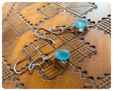 BOHO MINI WIRE WRAPPED NATURAL AQUA MARINE SEA GLASS DROP EARRINGS SIMPLE RETRO MINIMAL