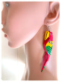 HANDMADE HUGE WOODEN HAND PAINTED PINK PARROT MACCAW EARRINGS QUIRKY KITSCH RETRO BOHO