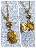 VINTAGE ANTIQUE GOLD BRASS TOOLED OVAL LOCKET GLASS HEART CHARM NECKLACE
